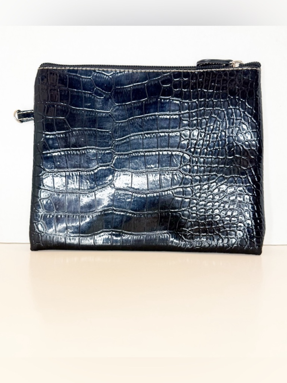 Unbranded Black Croc Embossed Faux Leather Zippered Pouch with Satin Lining